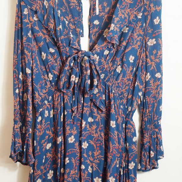 Free People Blue Floral Ruffle Me Up Mini Dress L - Picture 3 of 5